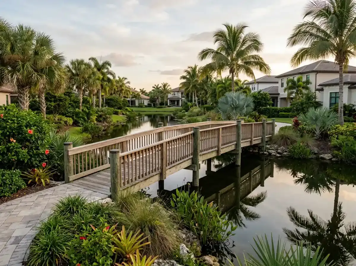 Wooden footbridge over a calm pond in a lush Riverview, FL, residential community.